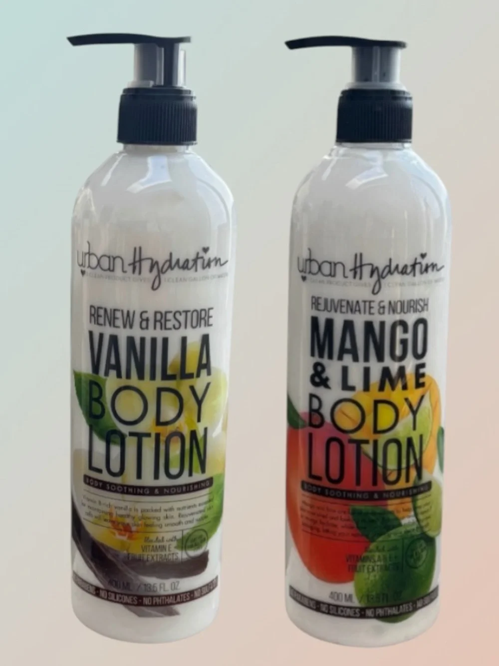 Urban Hydration Body Lotion Vanilla & Mango Lime Rejuvenate Nourish NEW 2 Pc Set